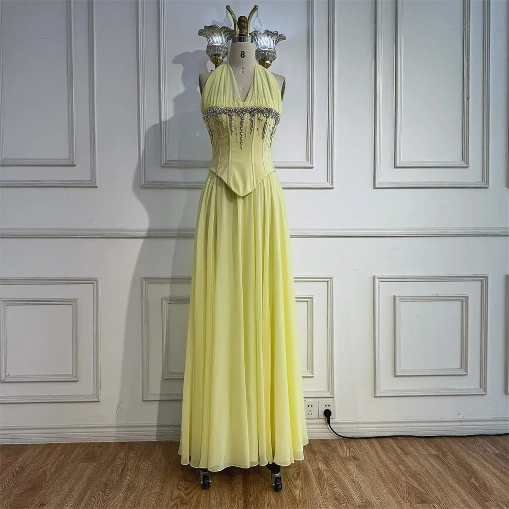 Crossfit Event - Custom yellow beaded halter-neck gown, figure-hugging